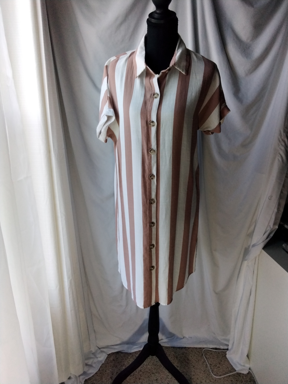 SHEIN White and Light Brown Striped Shirt Dress